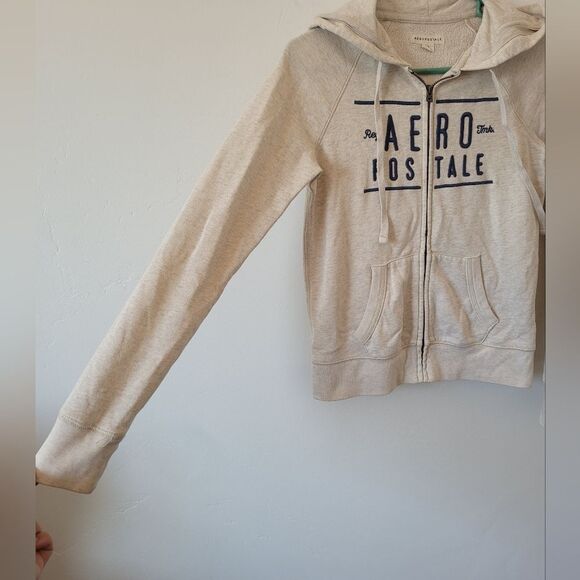 Aeropostale Aero Full Zip Hoodie Jacket Beige Tan Y2K 90s Loungewear Extra Small - Picture 3 of 7